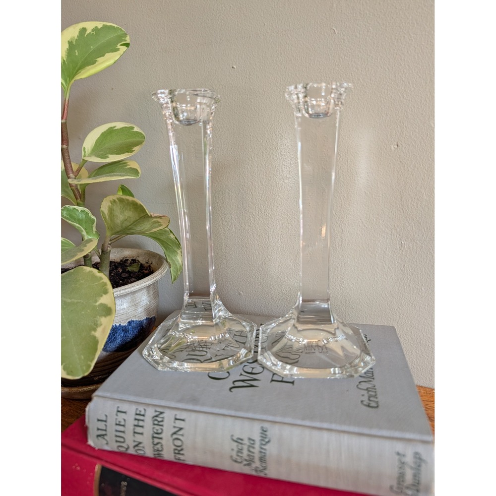 Mikasa Austria Crystal Candlestick Holders Vintage Hexagon Clear Glass Set of 2